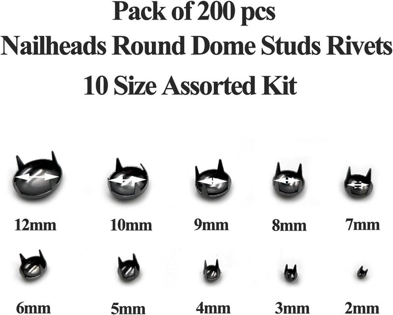 honigo 200pcs Nailheads Dome Studs Rivets Gun Metal Solid Brass 2/3/4/5/6/7/8/9/10/12mm 4 Prongs Spikes Spots for Leather Craft Clothes Belt Bag Shoes Decorations Totes DIY Craft - Image 2
